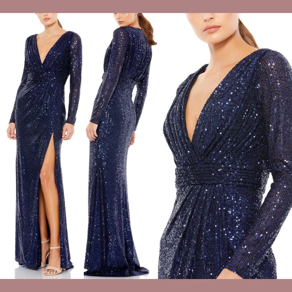 NWT $398‎ IEENA for Mac Duggal [ 8 ] Sequin Faux Wrap Gown in Midnight #S1111